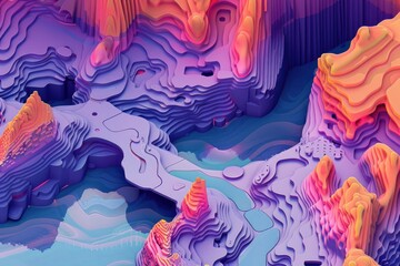Aufkleber - A digital painting of a serene mountain and river scene