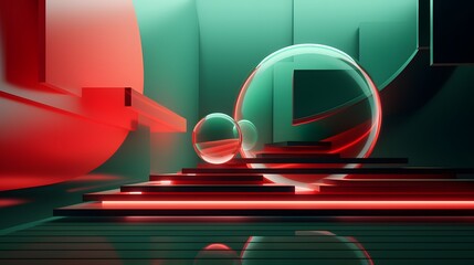 3d rendering of red and green abstract geometric background. Scene for advertising, technology, showcase, banner, game, sport, cosmetic, business, metaverse. Sci-Fi Illustration. Product display
