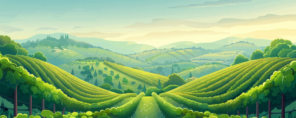 Lush vineyard with rows of grapevines and rolling hills. Vector flat minimalistic isolated illustration.