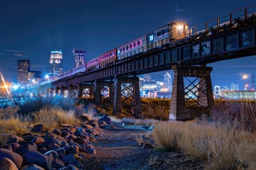 Aufkleber - A train travels over a bridge spanning a serene river