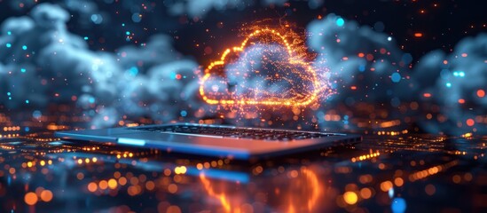 Poster - Laptop with Glowing Cloud Symbol in a Futuristic Setting