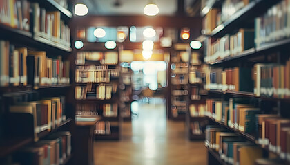 Sticker - Abstract blurred public library interior space. blurry room with bookshelves by defocused effect. use for background or backdrop in business or education concepts