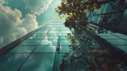Poster - Modern architecture and nature coexist in this image of a tall glass building with a tree planted in front