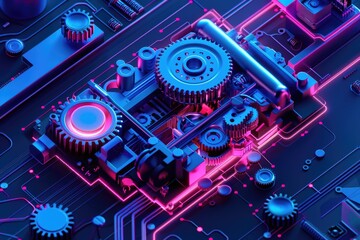 Poster - A close-up shot of a computer motherboard with visible gears and components
