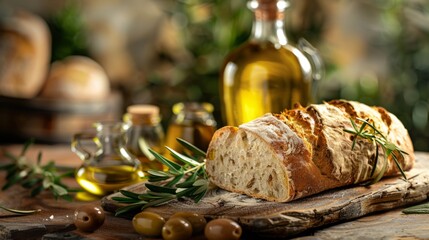 Canvas Print - Rustic loaf of bread with olive oil and herbs on a wooden table. The photo has a warm and inviting feel. Perfect for cooking blogs and food advertisements. Culinary delight captured beautifully. AI