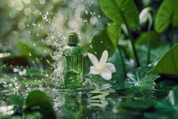 Wall Mural - A green water bottle on a table with a white flower in the background