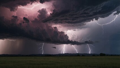 Wall Mural - Photo of dramatic grey and pink storm clouds with lightning bolts