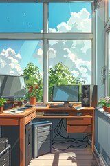 Wall Mural - Office setup with two computers and a keyboard