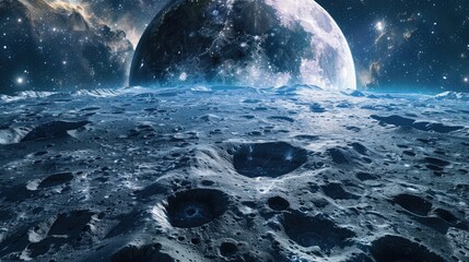 Poster - A close-up view of the moon's surface from a lunar perspective, with craters and terrain visible