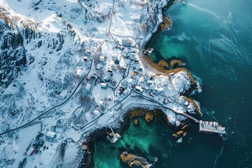 Poster - Aerial view of a small coastal town surrounded by water, with buildings and streets visible