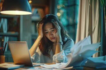 Wall Mural - A woman sits at a table with a laptop, focused on her work