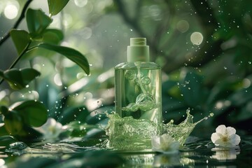 Poster - A bottle of green liquid sits on the surface of calm water, possibly for scientific or experimental purposes