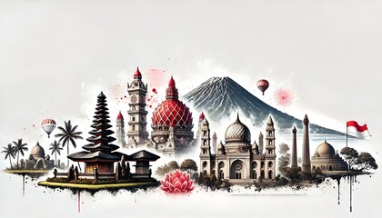 Wall Mural - Watercolor illustration of Indonesia iconic landmarks.