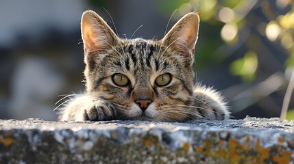 Poster - A tabby cat with green eyes rests its head on a stone wall, looking at the camera.