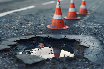 traffic cones around a pothole