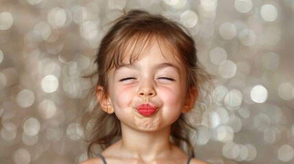 Close-up of a young girl making a funny face with her eyes closed, set against a sparkling bokeh background.