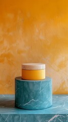 Wall Mural - A yellow and blue vase is on top of two marble pedestals