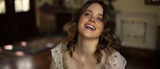 Joyful young woman with wavy hair laughing, wearing casual attire in a cozy home interior setting.