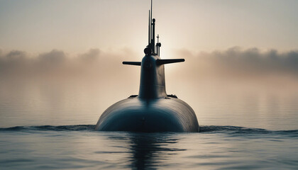 Wall Mural - A submarine on the surface at dawn, with the ocean reflecting the early morning light and fog rollin
