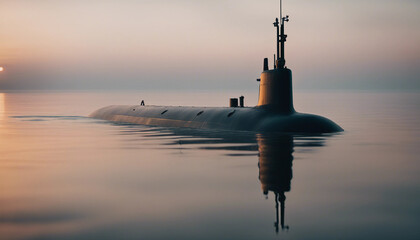 Wall Mural - A submarine on the surface at dawn, with the ocean reflecting the early morning light and fog rollin
