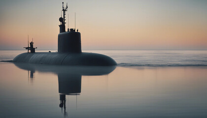 Wall Mural - A submarine on the surface at dawn, with the ocean reflecting the early morning light and fog rollin
