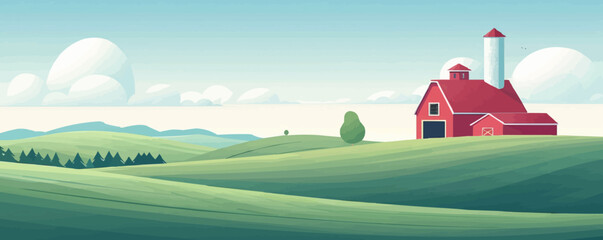 Wall Mural - Quaint countryside farm with barn and silo Vector flat minimalistic isolated illustration