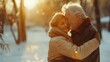 © tashechka - An elderly couple shares a warm embrace outdoors in a winter setting, illuminated by the golden glow of the setting sun.