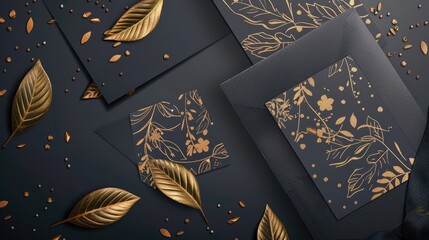 Poster - Stylish template for wedding invites with golden leaf design