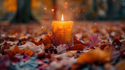 Sticker - A lit candle surrounded by colorful autumn leaves, capturing the essence of fall with a warm, serene ambiance.