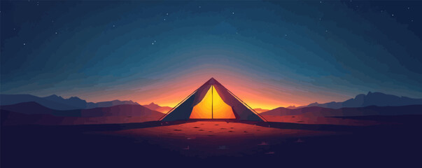 Wall Mural - A camping tent, its silhouette against a starry sky, evoking the spirit of adventure, set against a plain white surface. Vector flat minimalistic isolated illustration.