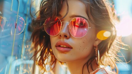 Wall Mural - Stylish young woman wearing pink round sunglasses, enjoying a sunny day outdoors with reflections in the background.