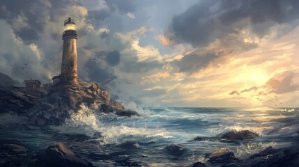 Wall Mural - A painting of a lighthouse on a rocky shore with a stormy sky in the background. Anime background. Anime wallpaper