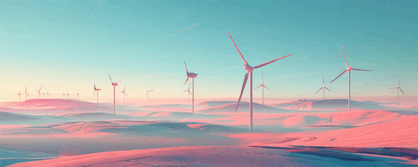 Wind turbine farm against a clear blue sky. Vector flat minimalistic isolated illustration.