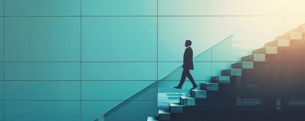 A lone businessperson walks up a staircase against a vibrant, abstract background.