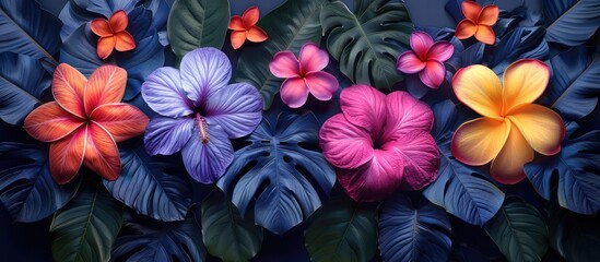 Canvas Print - Tropical Floral Arrangement on Deep Blue Leaves