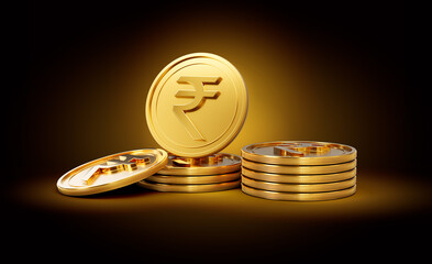 Stack Of Golden Shiny Indian Rupee Rounded Coins On Shiny Golden Glow Background 3d Illustration