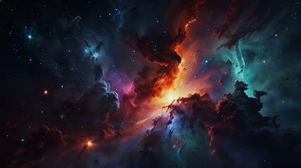 colorful nebula cloud with orange and blue stars in space background