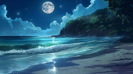 Wall Mural - A beautiful beach scene with a large moon in the sky. Anime background. Anime wallpaper