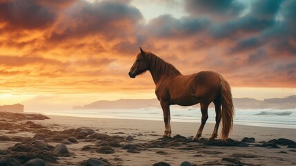 Sticker - a horse is standing on rocks with the sun setting behind it.