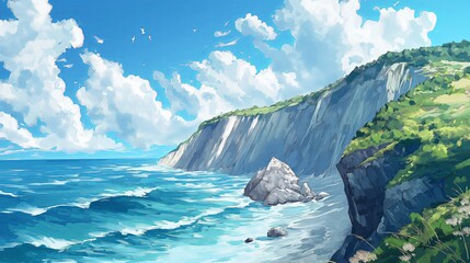 Wall Mural - A painting of a rocky shoreline with a blue sky and ocean in the background. Anime background. Anime wallpaper