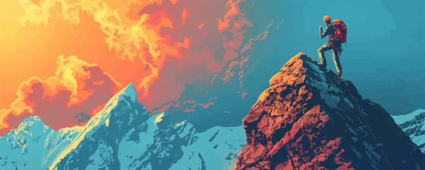 Wall Mural - mountain climber scaling a steep rock face. vector flat minimalistic isolated illustration.