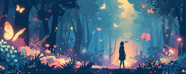 Wall Mural - Enchanted forest scene with fairies and magical creatures Vector flat minimalistic isolated