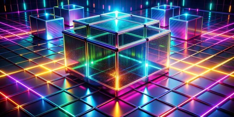 Aufkleber - Vibrant 3D cube abstract geometric background with futuristic neon lights, sleek metallic textures, and dynamic grid patterns, evoking cutting-edge technology and innovation concepts.
