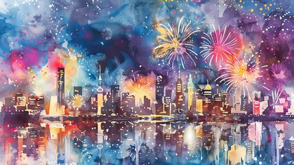 Colorful fireworks over a vibrant city skyline reflected in the water. Concept of celebration, festive event, urban night scene, holiday season