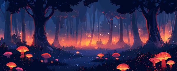 Wall Mural - enchanted forest with towering trees and glowing mushrooms vector flat minimalistic isolated illustr