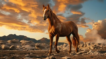 Wall Mural - a horse is standing on a rocky terrain with a sunset in the background.