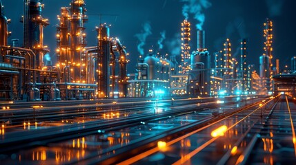 A vibrant, artistic depiction of an industrial complex with an array of pipes, chimneys, and structures