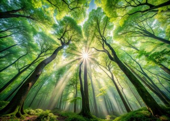 Vibrant green foliage of lungs-shaped trees thrive in a serene forest surrounded by misty atmosphere and dappled sunlight filtering through dense canopy overhead.