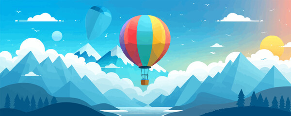 A colorful hot air balloon floating above a picturesque landscape. Vector flat minimalistic isolated illustration.