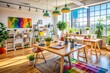 © Sirinporn - Vibrant office space filled with creative tools, colorful sketches, and design elements, conveying a sense of imagination and inspiration, without a person in sight.